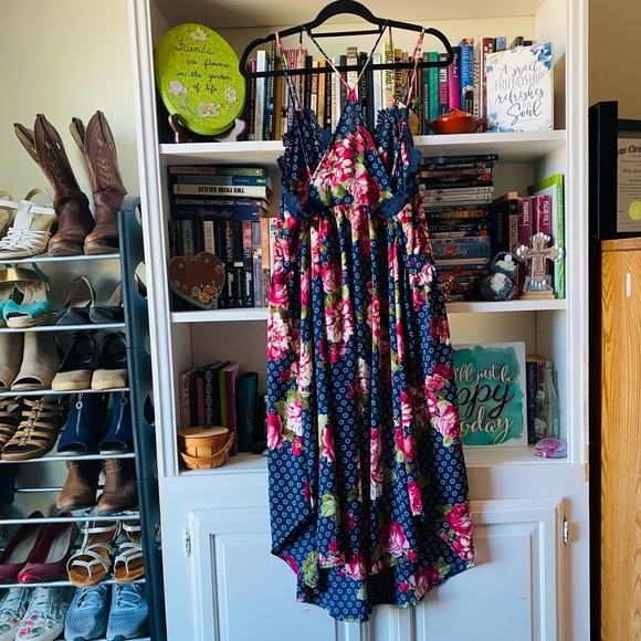Free People | NEW Strappy Blue Floral Rose Lace Trim Midi Dress - Picture 10 of 13